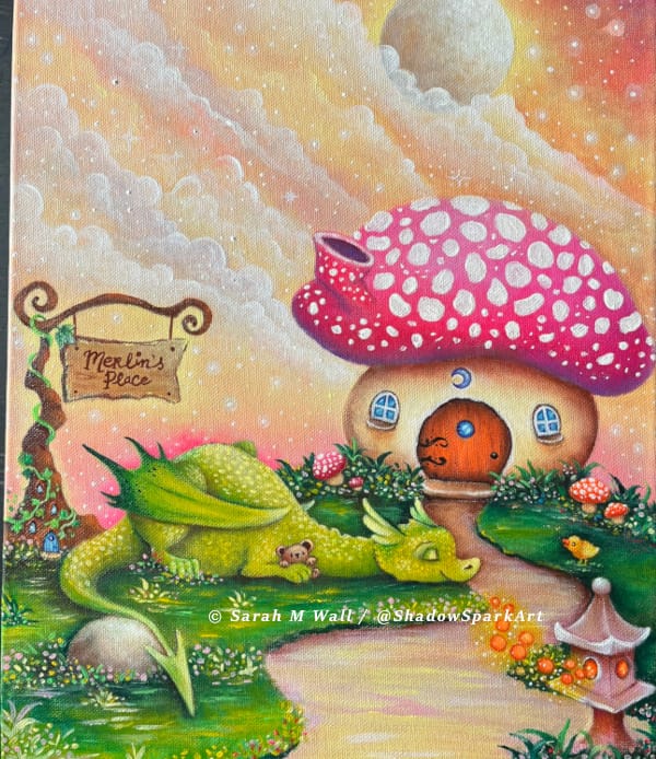 sleeping-dragon-at-merlins-place-Original-Painting-by-Sarah-M-Wall-shadowspark-art-2024