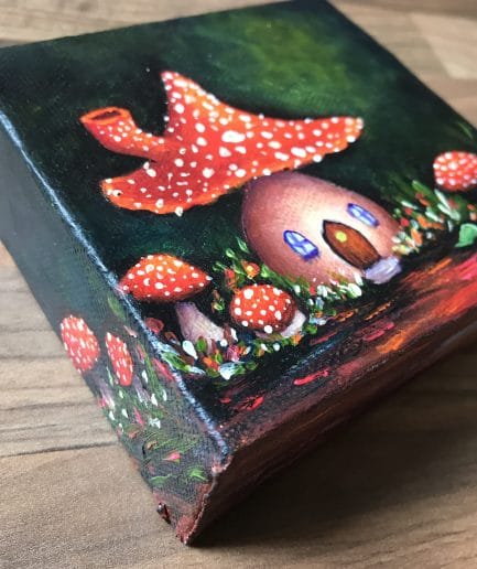 **SOLD** The Little Red Toadstool (Fairy Cottage) - Original Painting - 4 x 4 x 1 inches