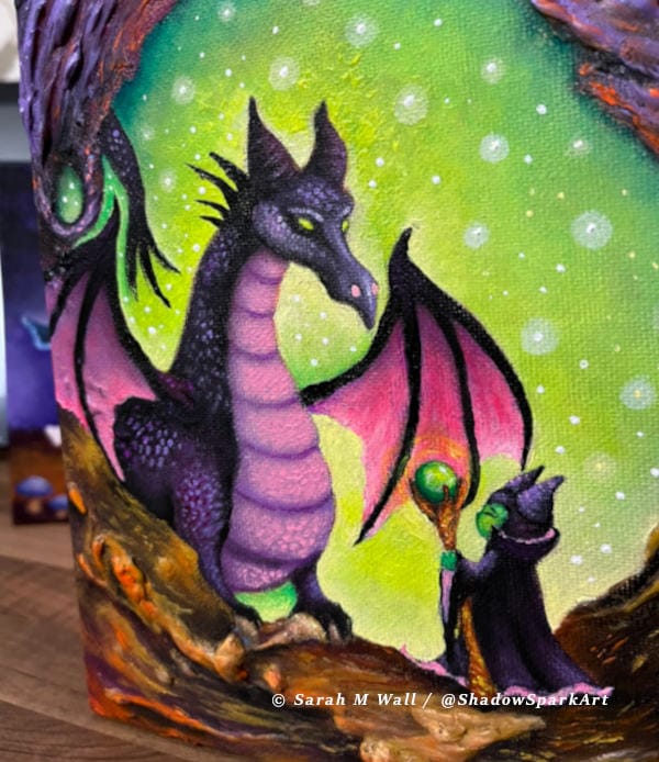 malificent-and-the-dragon-acrylic-painting-by-sarah-m-wall-2024-the-toadstool-gallery-ireland